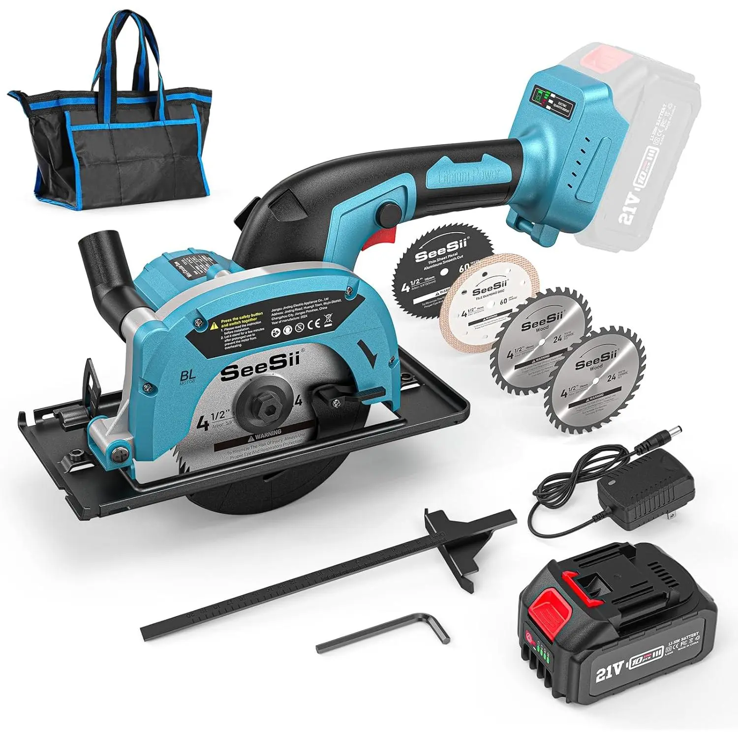 SeeSii Cordless Mini Circular Saw, 4-1/2" Electric Compact Circular Saw with 4.0Ah Battery, 5380RPM, 4 Saw Blades, Rip Guide, Max Cutting Depth 1-11/16"(90°), 1-1/8"(45°) for Wood, Plastic, Soft Metal TCS115A CS410