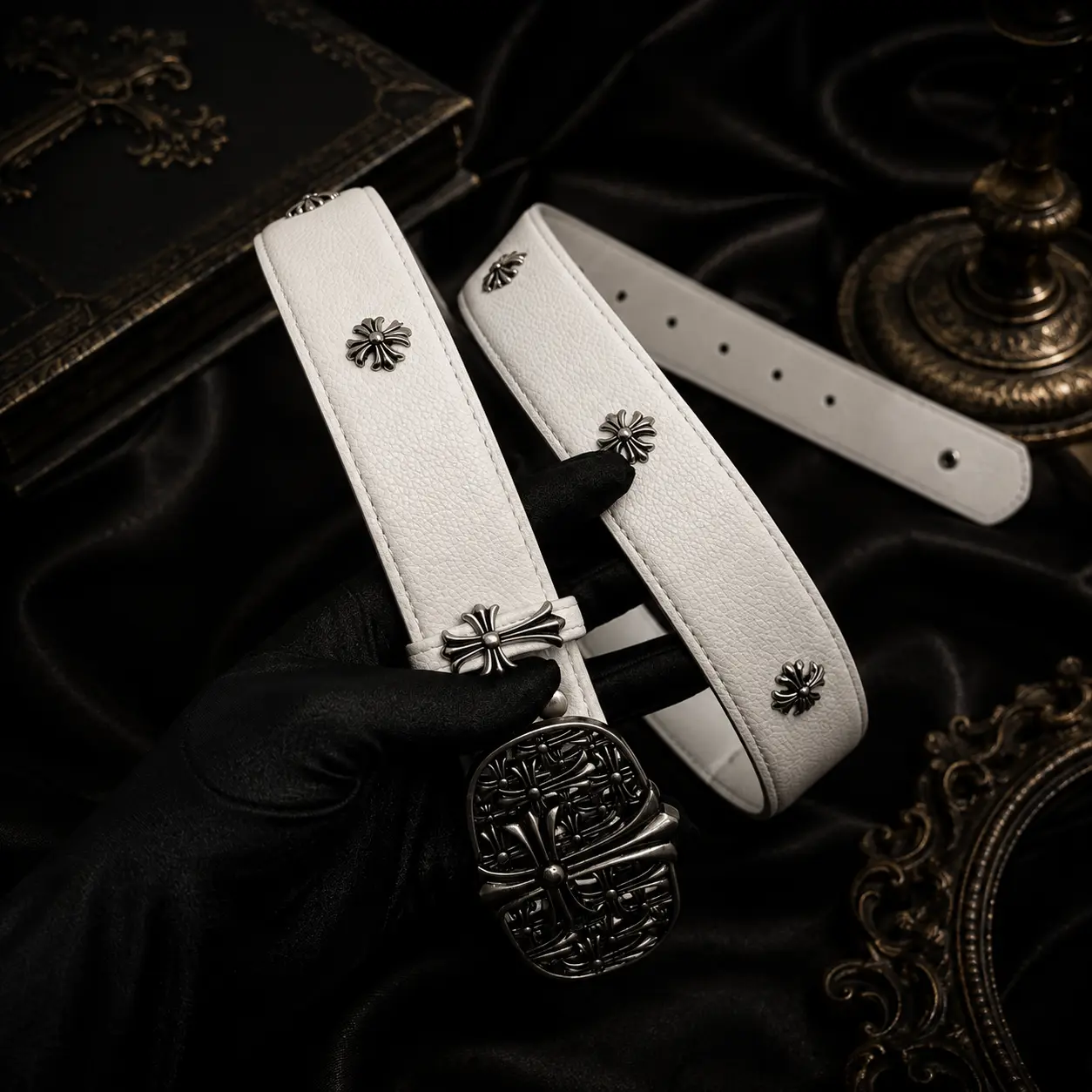 Unisex Gothic Cross Belt, Y2K Punk Leather Style Belt with Ornate Silver Buckle, Vintage Streetwear Waist Belt for Men & Women