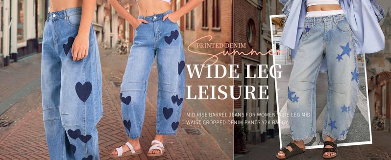 Chouyatou women's casual printed horseshoe jeans Y2k loose mid-rise versatile jeans