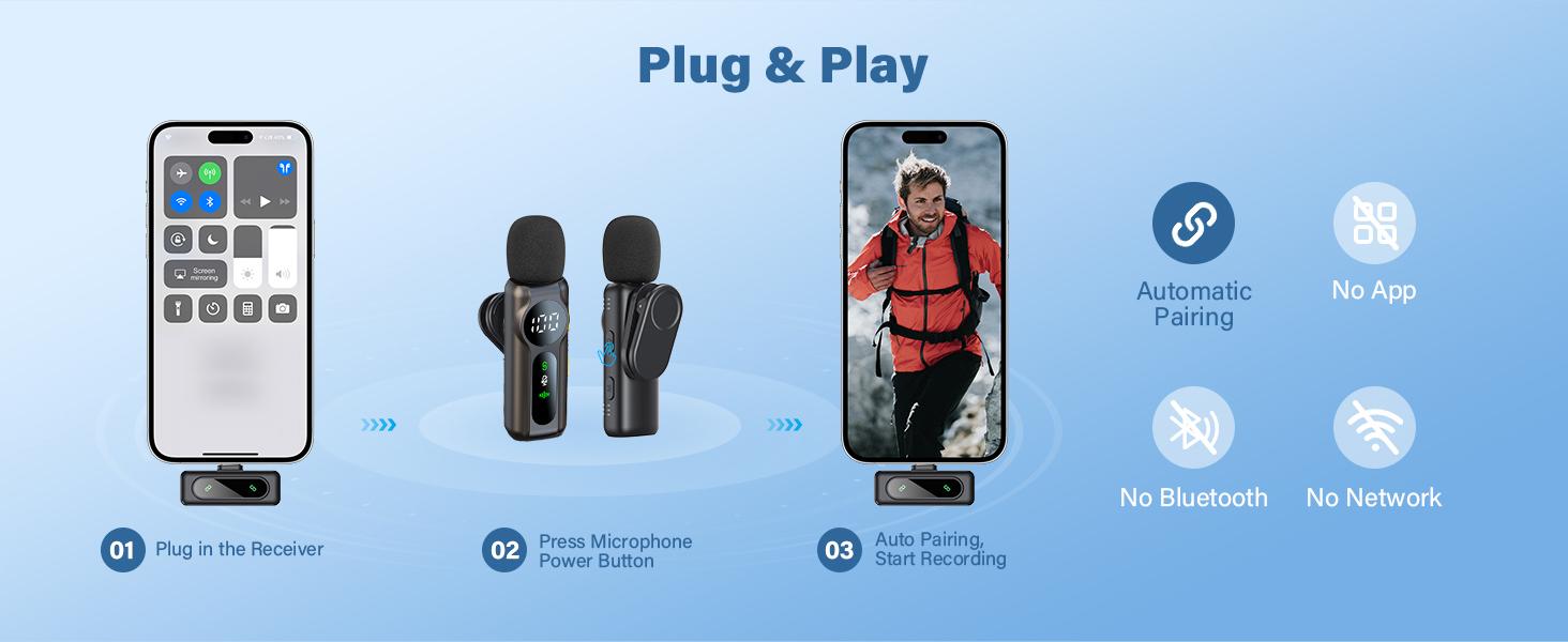 Wireless Lavalier Microphone Dual Set – Plug & Play Clip-on Mic with Auto Pairing, Magnetic Mount, Noise Cancelling, for iPhone, Android, USB-C Devices, YouTube, Podcast & Video Recording