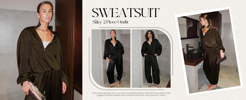 Yimoon Womens Zip 2 Piece Outfit Set Silk Satin Lounge Set Silky Long Sleeve Top Joggers Tracksuit Sweatsuit