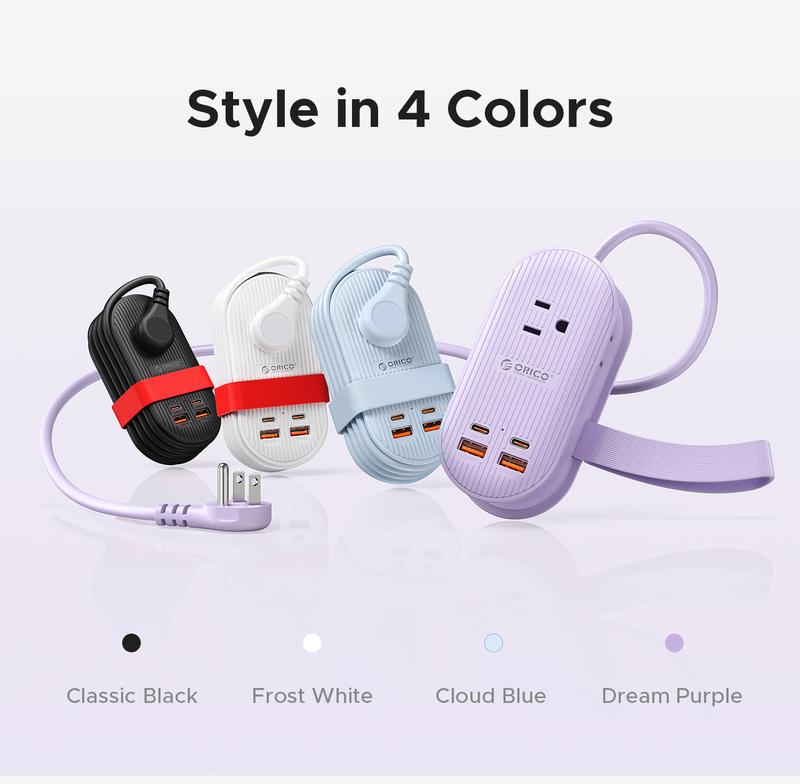 ORICO Upgraded 7-in-1 Travel Power Strip,2 Outlets & 4 USB Ports (2TYPE-C+2USB-A), 65W Fast Charging, Compact for Cruise, Hotel, Dorm, and Travel Essentials- TK