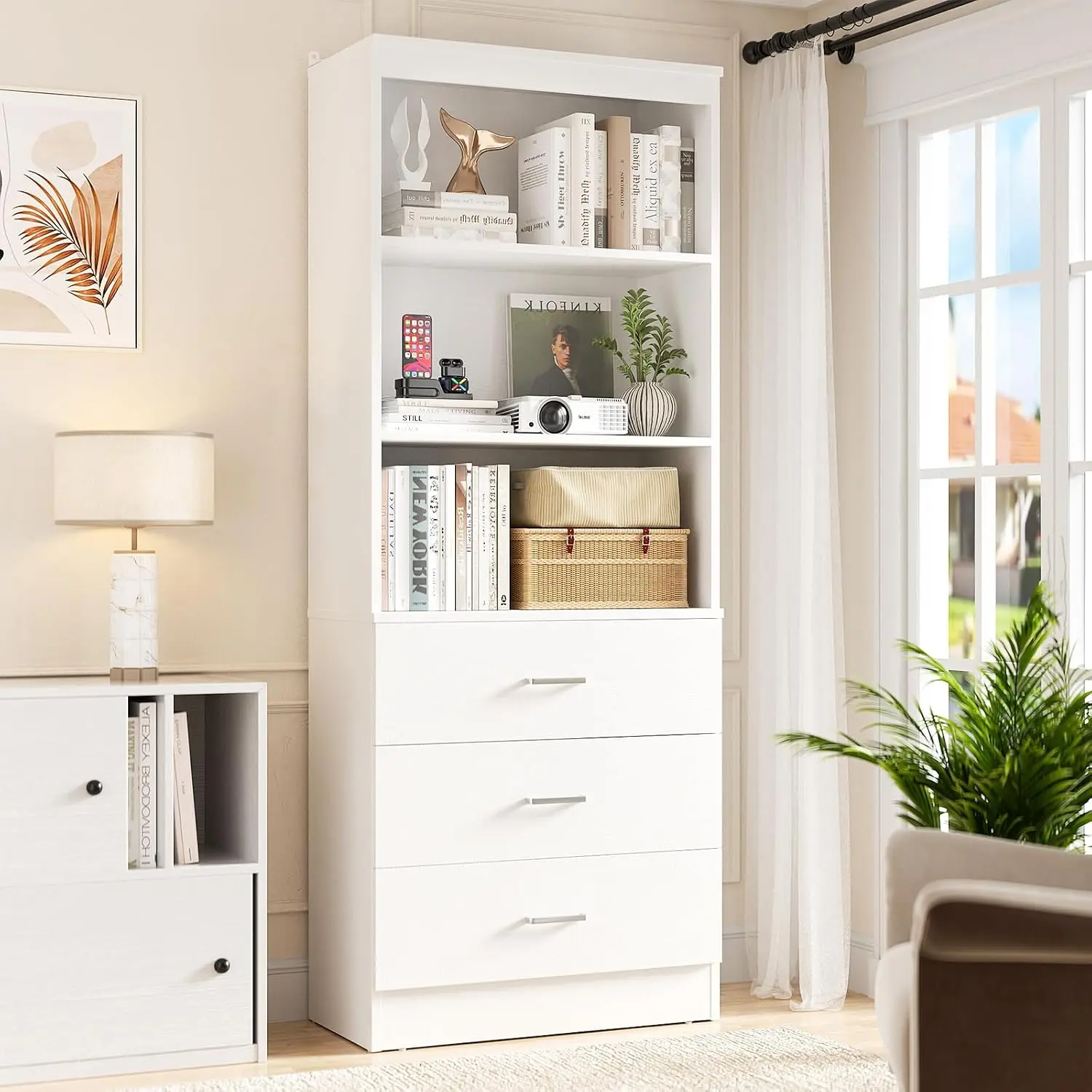 71" Tall Wooden Bookshelf with 3 Drawers, 6-Tier Adjustable Shelves, Modern Storage Cabinet Organizer, Shelves for Bedroom, White