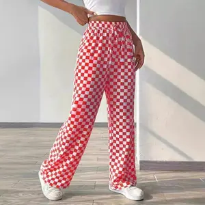 Women's All Over Checkerboard Print Drawstring Waist Straight Leg Pants, Casual Comfy High Waist Trousers for Daily Wear, Ladies Bottoms for All Seasons Womenswear Loose