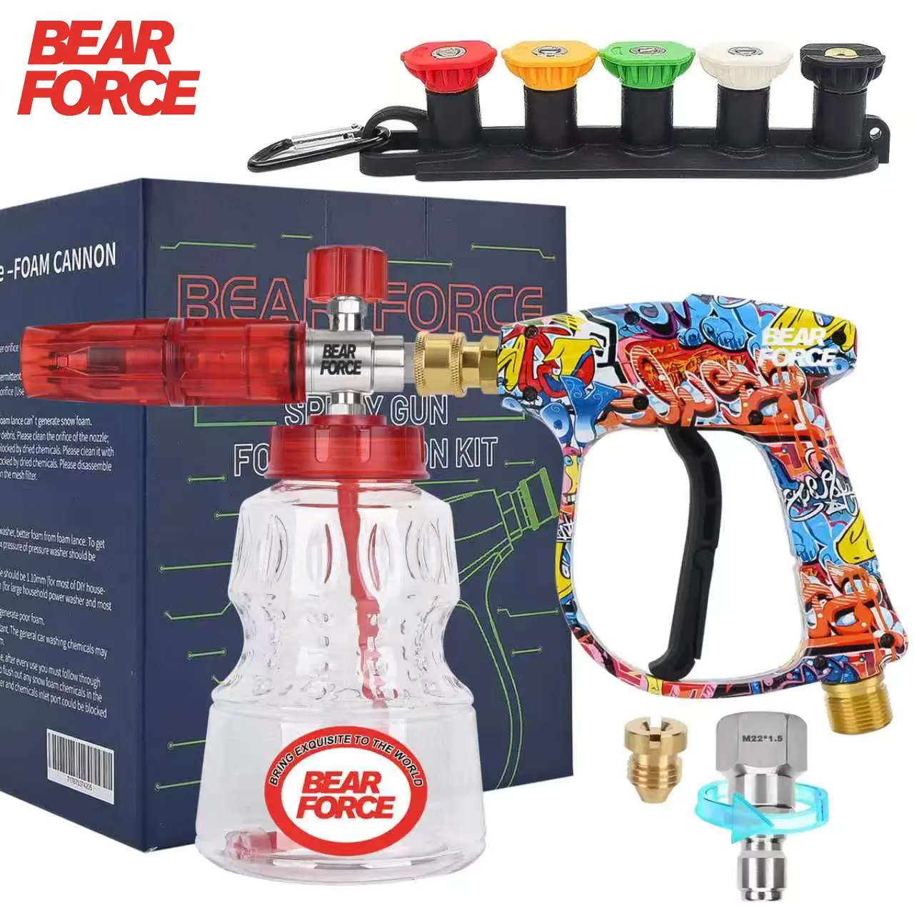 BEAR FORCE High Pressure Washer Foam Cannon Kit 3000PSI, FOR PRESSURE WASHER, Spray Gun Power Washer Short Handheld with M22 Inlet-14mm & Foam Cannon 1L with 5 Tips & 3/8'' Quick Connector, Snow Foam Lance, Car Washing, Not for Garden Hose Foam Sprayer