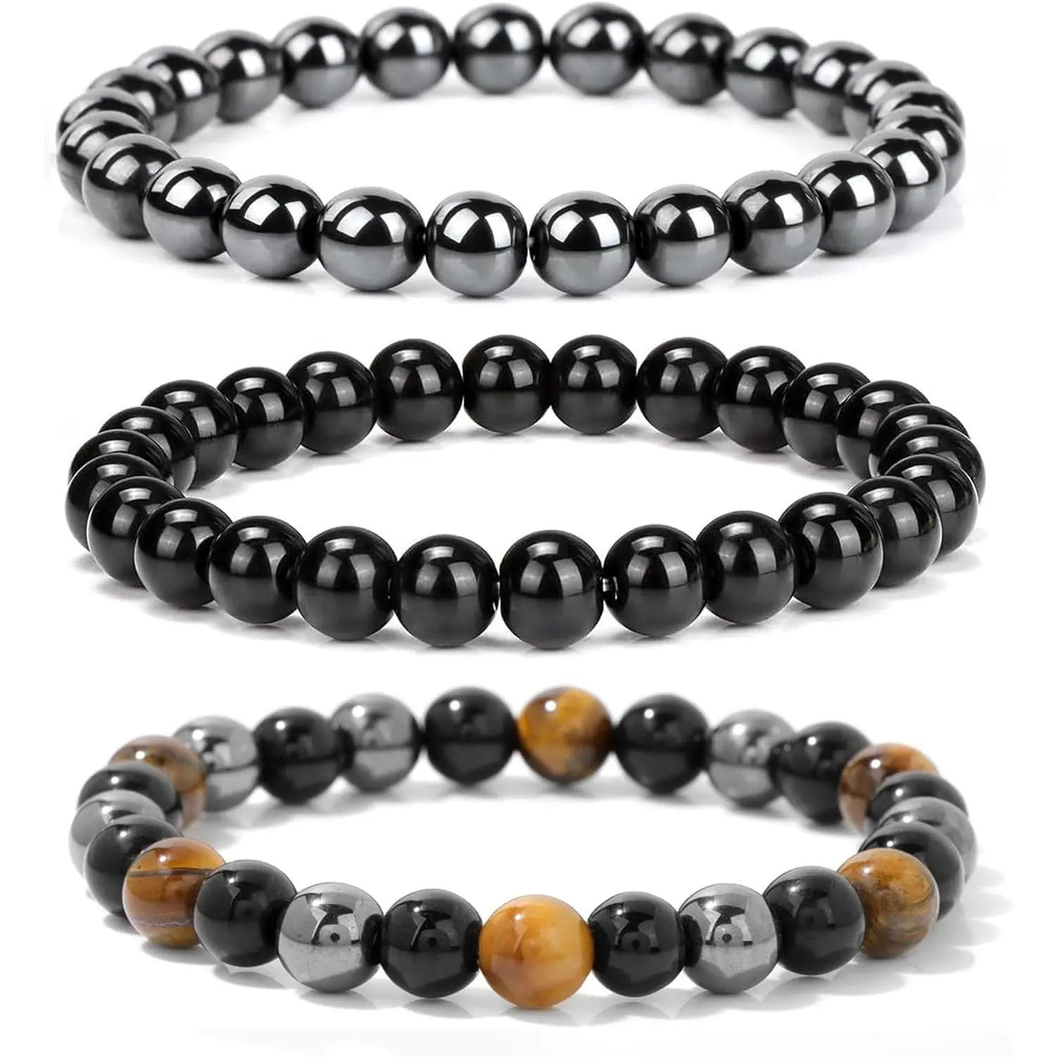 Unisex 3pcs 8mm Multicolor Beaded Crystal Bracelet Set - Money-Citrine, Green Aventurine, African Turquoise, Triple Protection-Hematite, Obsidian, Tiger Eye, Security Grounding Jewelry for Adults, Excellent Gift Idea