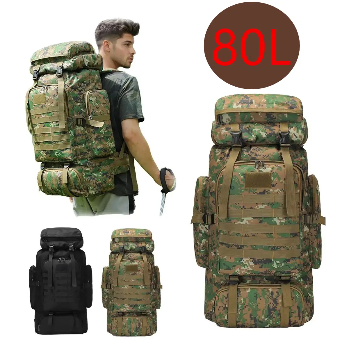 Tactical Outdoor Rucksack, 80L Camouflage 600D Oxford Army Backpack - Water Resistant, Breathable, Comfortable with MOLLE, Adjustable Strap, Customizable for Survival Camping, Hiking, Army Rucksack, Durable Outdoor Hiking, Outdoor Hiking Backpack