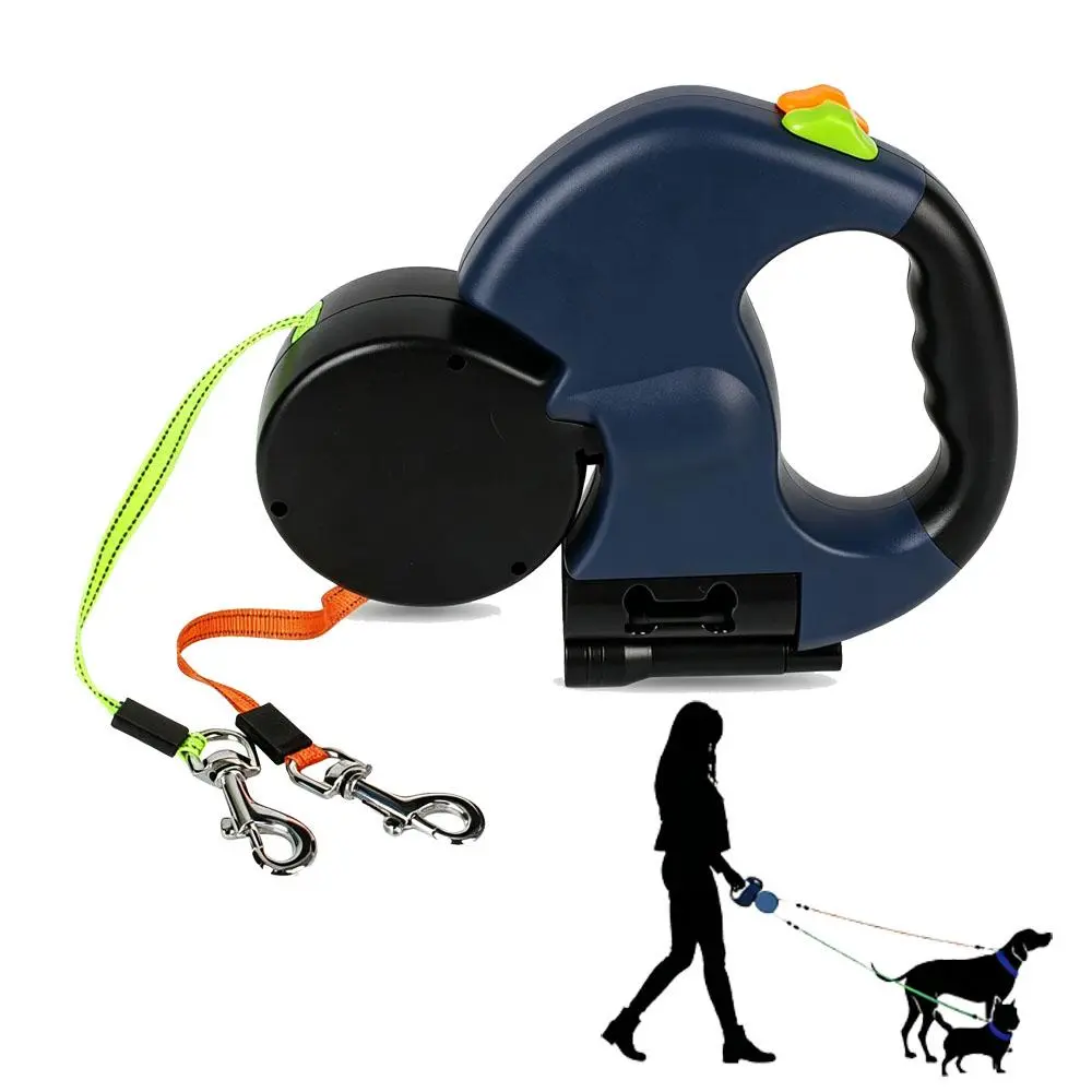Dual Retractable Dog Leash with LED Flashlight, Independent Extendable Leads, One-Button Lock Unlock, Durable ABS & Nylon, Perfect for Two Small/Medium Dogs