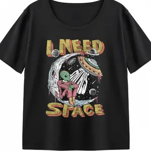 Funny Graphic Tee Women Oversized 90s Retro Grunge Aesthetic Alien UFO Print I Need Space Introvert Shirt-KT0356