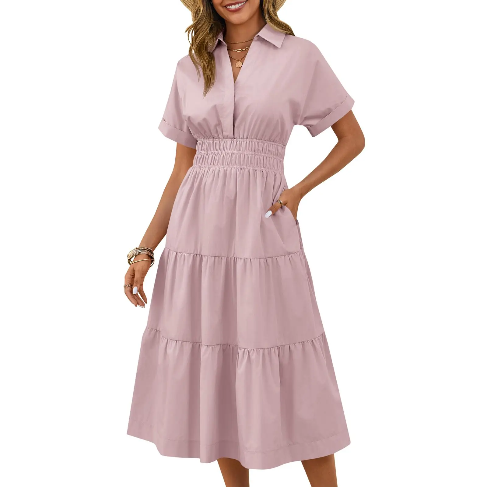 Wenrine Women's Summer Short Sleeve Maxi Dresses Casual V Neck Smocked Loose Tiered Flowy Shirt Dress with Pockets - TikTok Shop Wenrine Women's Summer Short Sleeve Maxi Dresses Casual V Neck Smocked Loose Tiered Flowy Shirt Dress with Pockets - TikTok Shop
