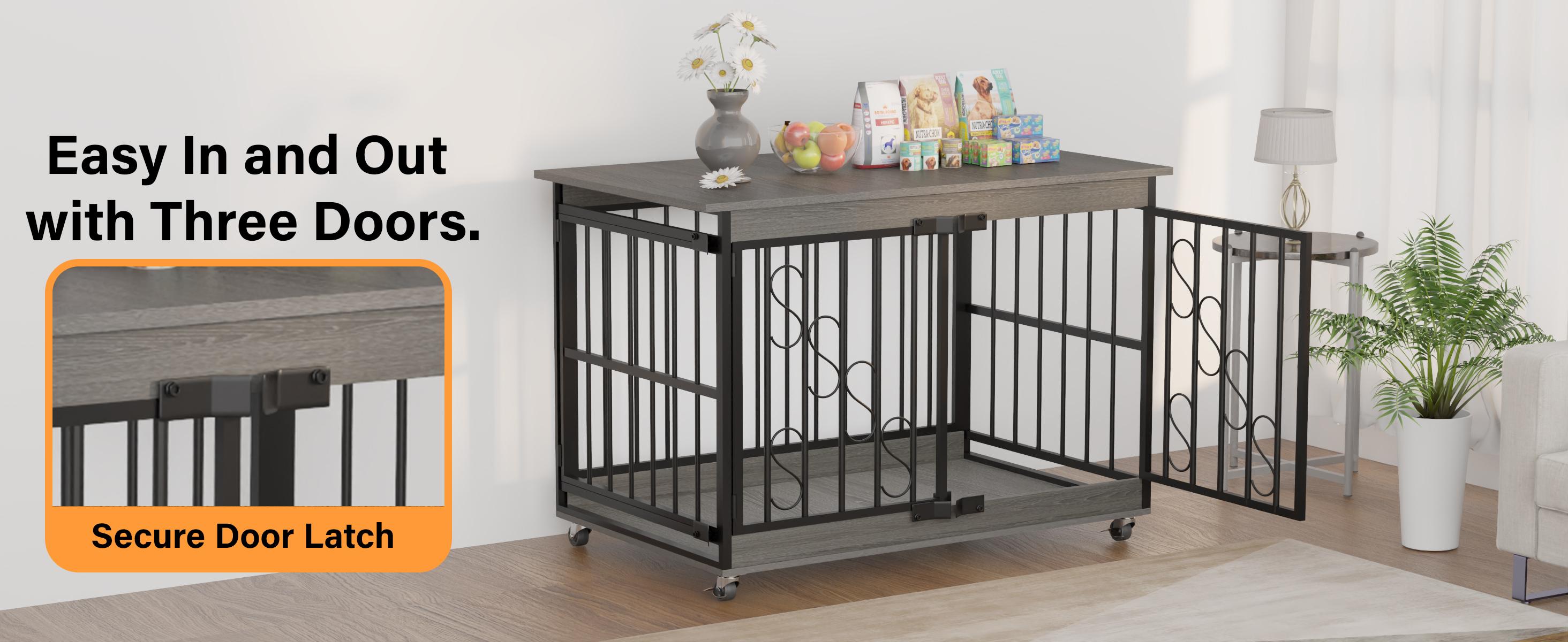 【TreasureFinds】COZPAW  Dog Crate Furniture 48 Inch Wooden Heavy Duty Dog Kennel with Lockable Wheels for Medium/Large Dogs, Three Doors Cage   (Brown)