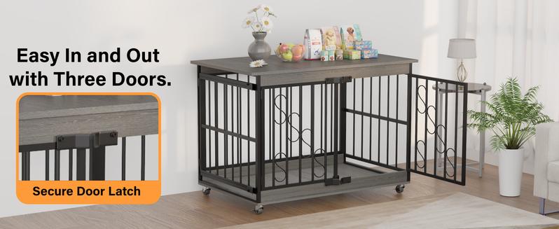 【TreasureFinds】COZPAW  Dog Crate Furniture 48 Inch Wooden Heavy Duty Dog Kennel with Lockable Wheels for Medium/Large Dogs, Three Doors Cage   (Brown)