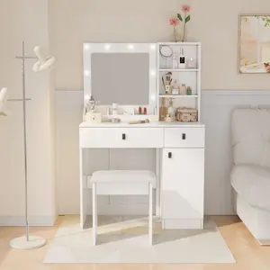 Vanity Desk with Lights & Mirror White Makeup Vanity with 2 Drawers & 3 Light Modes Elegant Design for Bedroom Storage & Cosmetics Organization Functional Design Open Storage Shelves Rotating Mirror Hidden Storage Square Mirror with LED Lights