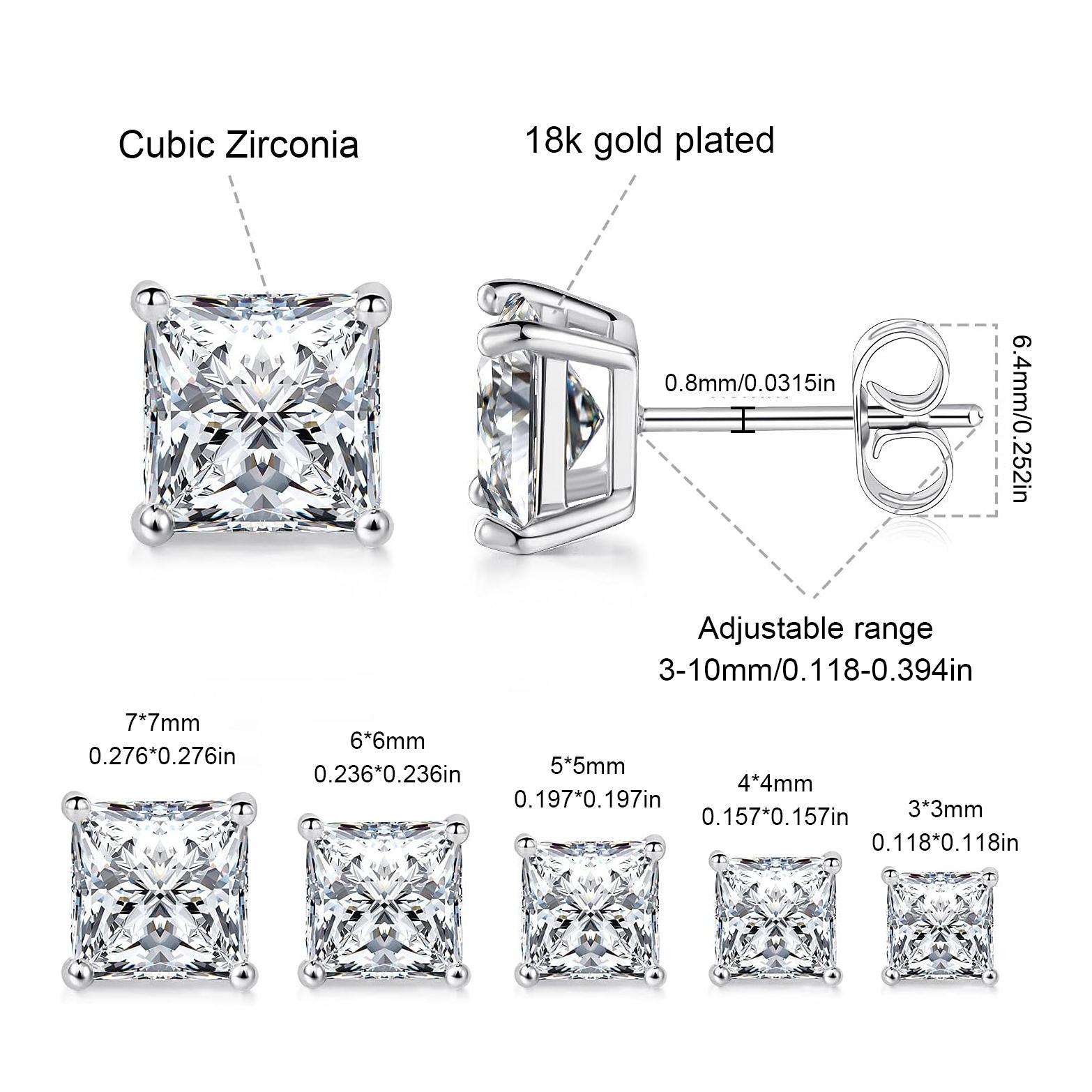 MDFUN 5 Pairs Princess Round Cut Cubic Zirconia Stud Earrings Hypoallergenic 3-7mm Square Clear CZ Earring Set for Women Men18K Gold Plated Princess Cut Cubic Zirconia Screw Back Stud Earring Pack of 5 Pairs (5 Pairs)