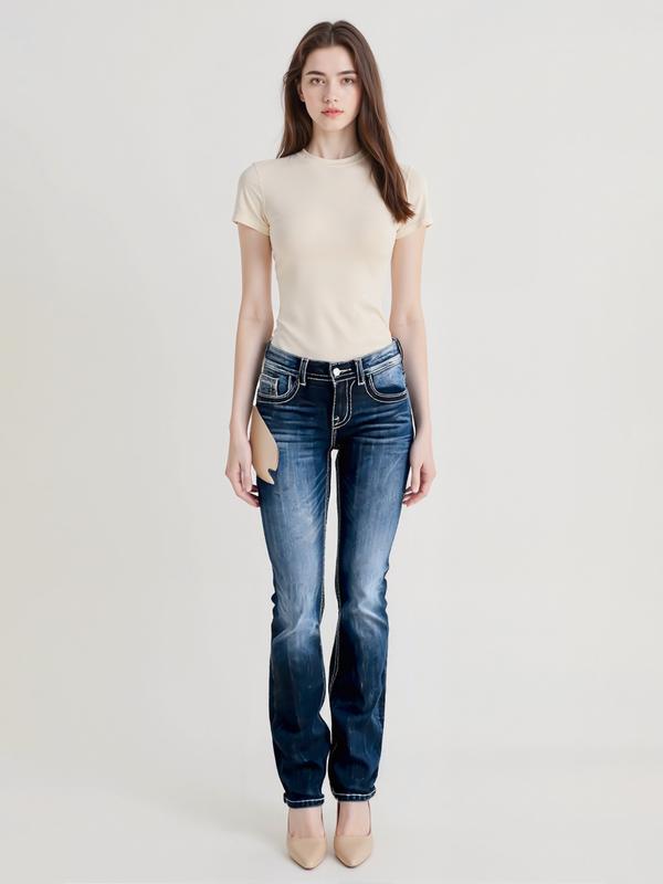Wide Marine Entwined Trouser Women's Jeans with Feather Flower Embroidery Mid Rise Stretchy Bootcut Slim Wide Leg Pants