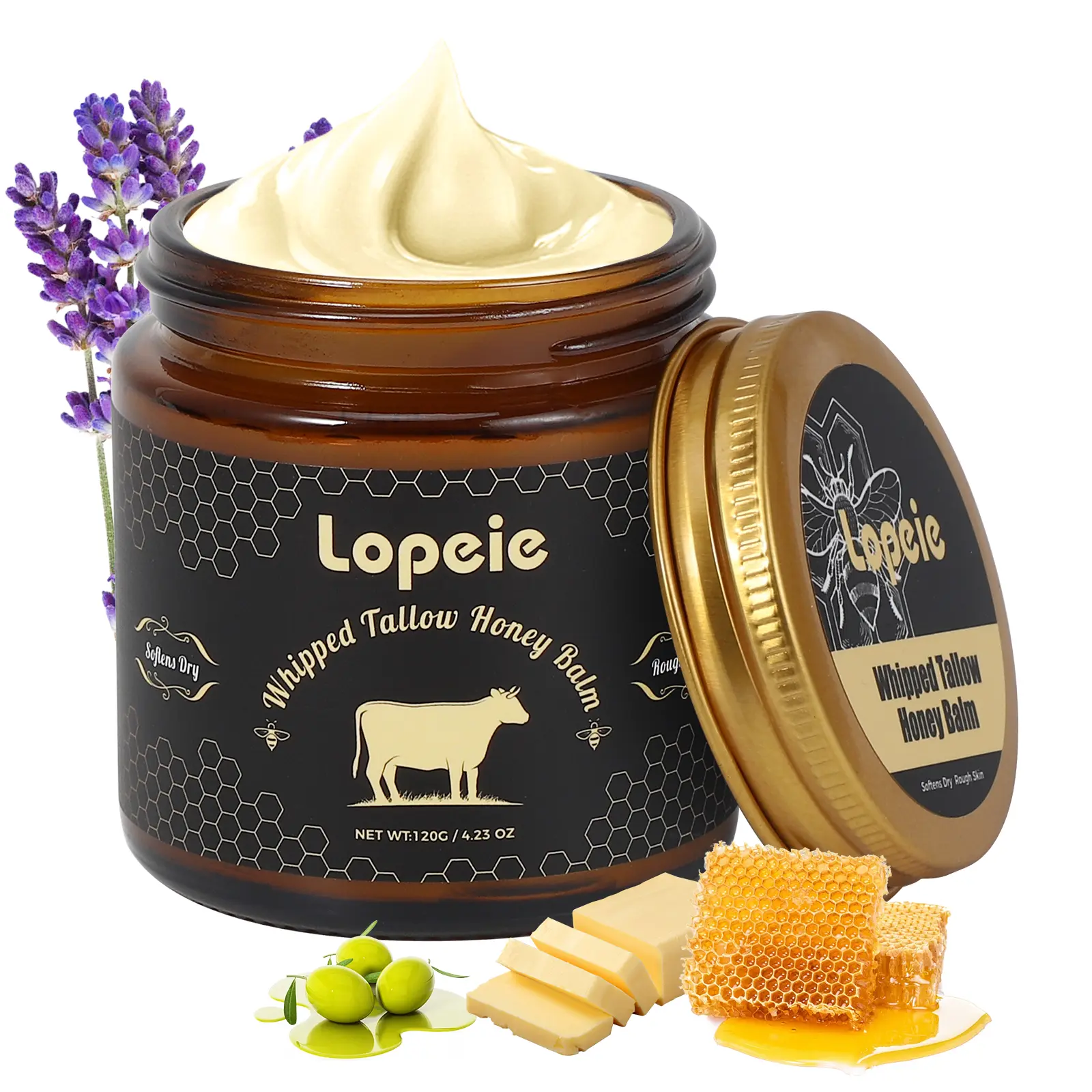 Whipped Grass-Fed Beef Tallow Honey Balm - 4 Oz,Moisturizing Cream for Soft, Smooth Skin - Handmade All-Natural Moisturizer - Lavender