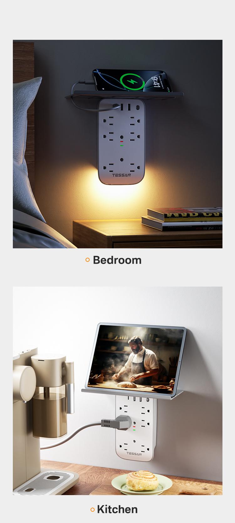 Tessan Wall Outlet Extender with Shelf Night Light Multi Plug Outlets USB Charger 6 AC 2 USB Ports 1 USB C for Home Office