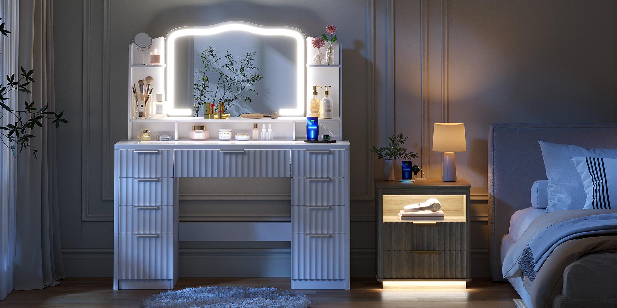 Fluted Makeup Vanity with large storage&RGB Lighting,Vanity Desk with 9 drawer,  Jewelry Oraganizer,Open shelves&Charger Station,Dressing Table Gift for Women/Girls/Lady，White