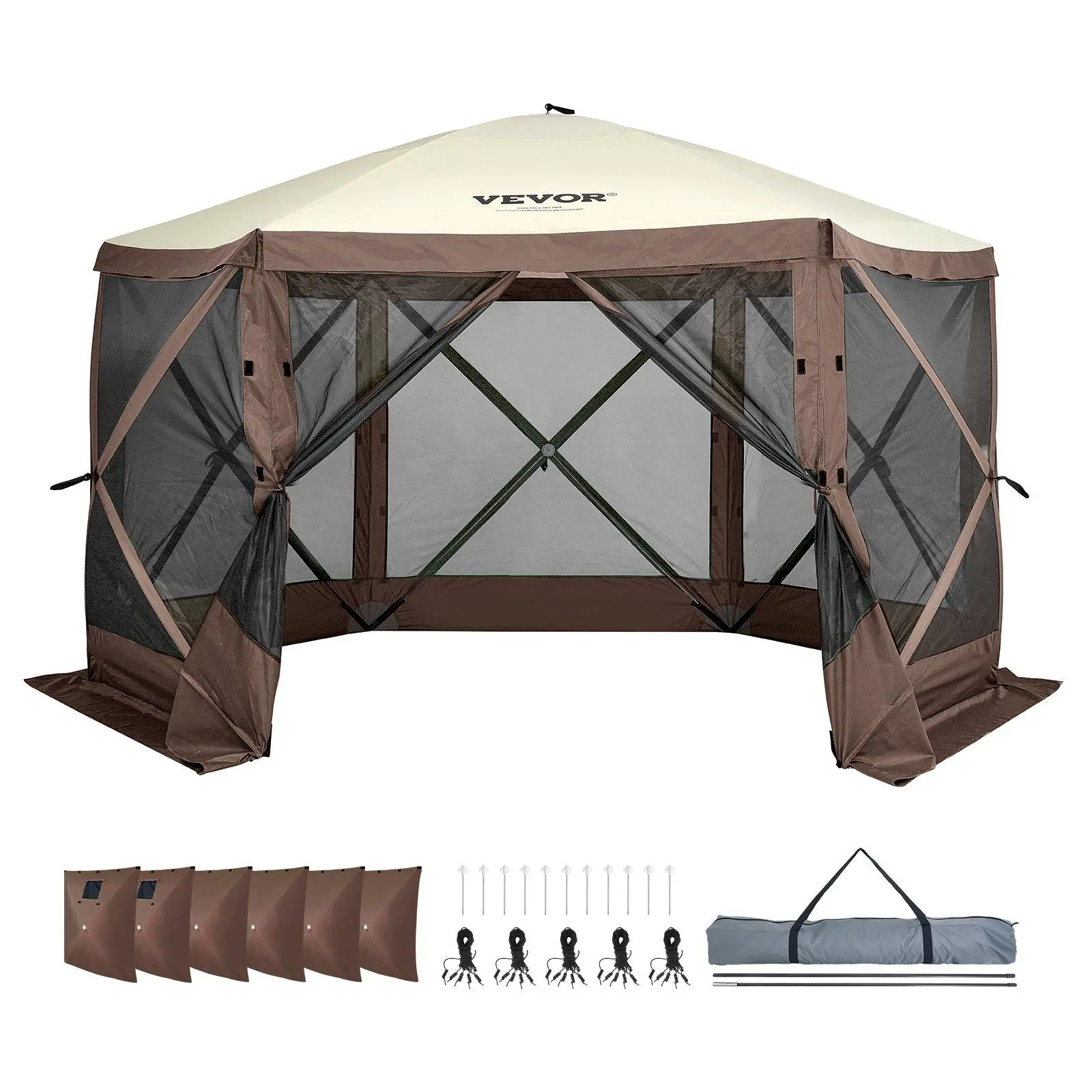 VEVOR Camping Gazebo Screen Tent,  12*12ft, 6 Sided Pop-up Canopy Shelter Tent with Mesh Windows, Portable Carry Bag, Stakes, Large Shade Tents for Outdoor Camping, Lawn and Backyard, Brown/Beige