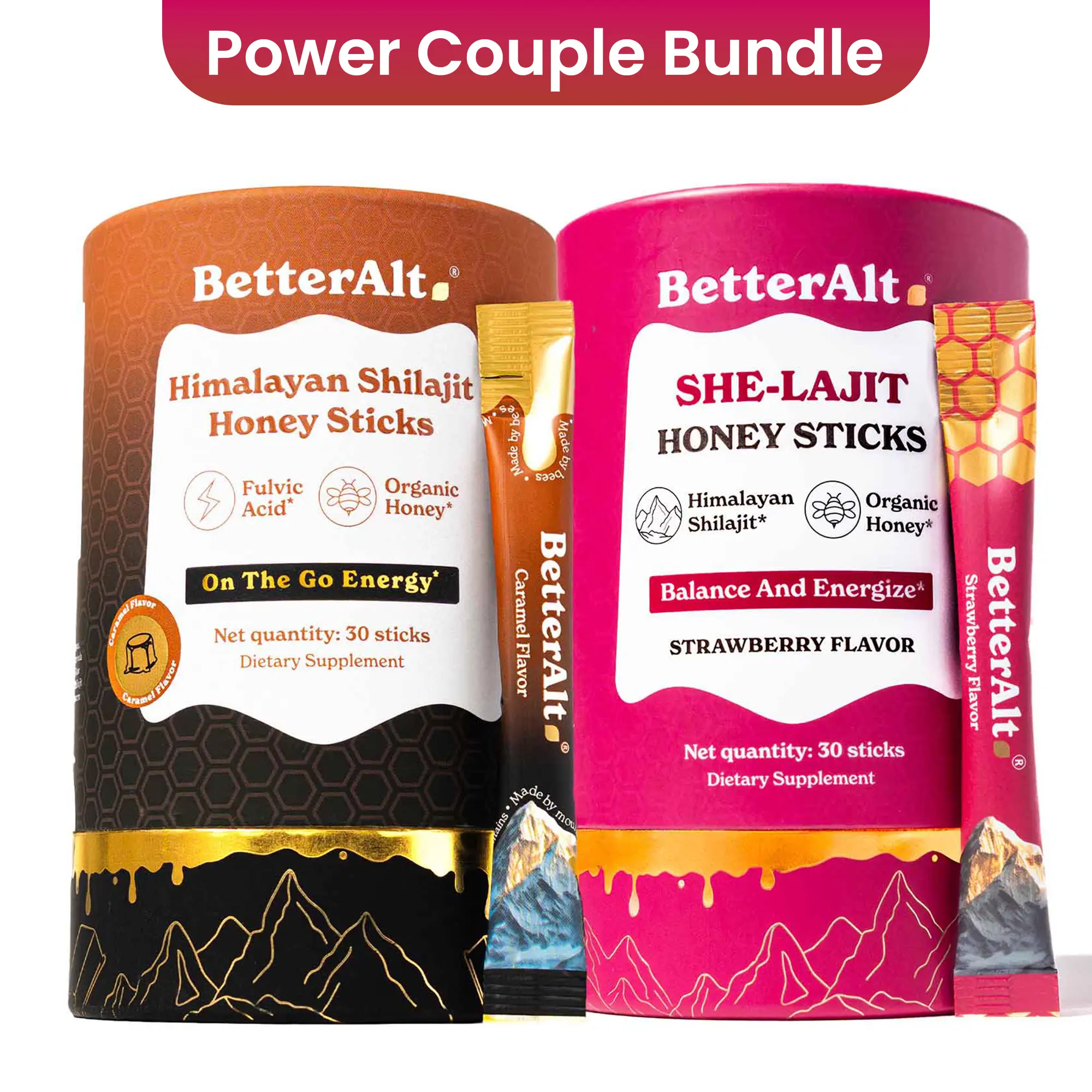 Him & Her Bundle |  Shilajit Honey Sticks (Caramel) + SHE-Lajit Honey Sticks (Strawberry) | For Couple Energy & Stamina | Dietary Supplement