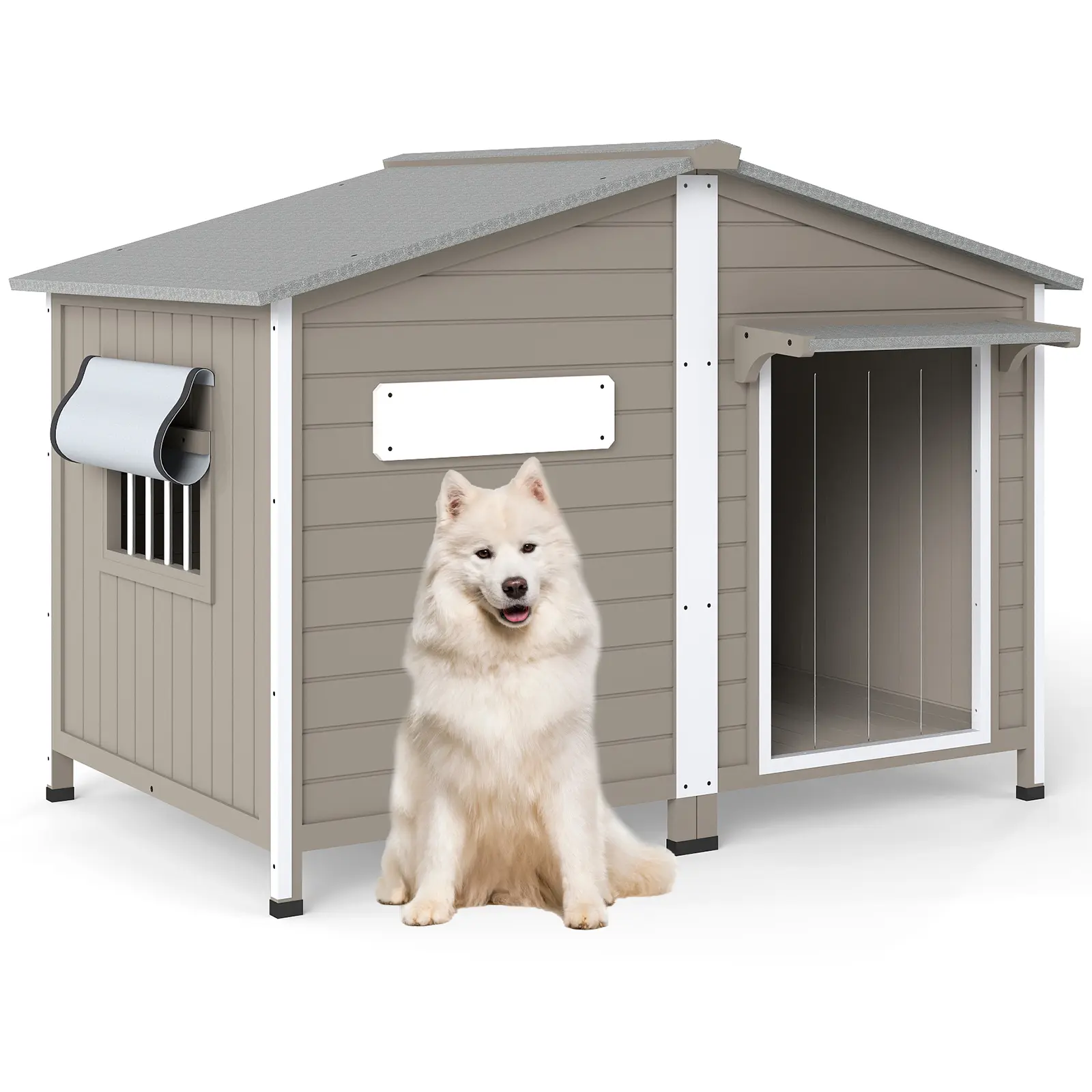 Petscosset Large Weatherproof Wooden Dog House - Anti-Chew Aluminum Frame, Dual Removable Washable Floors, PVC Door Curtain, Oxford Roll Window, Elevated Rubber Ft, Indoor/Backyard Shelter for Small-Medium Dogs
