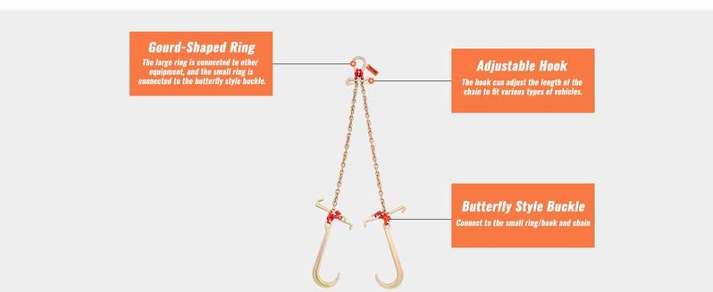 VEVOR V-Chain Bridle, TikTokShopBlackFriday, 9620 lbs Working Load Limit, 5/16'' x 3' G80 Tow Chain with RTJ Cluster Hooks, DOT Certified, Galvanized Coating Manganese Steel & D-Shackle, for Lifting & Moving Activities VEVOR Super Brand Day
