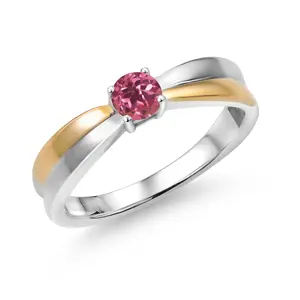 Gem Stone King 925 Silver and 10K Yellow Gold Pink Tourmaline Solitaire Engagement Ring For Women (0.25 Cttw, Round 4MM, Gemstone Birthstone)