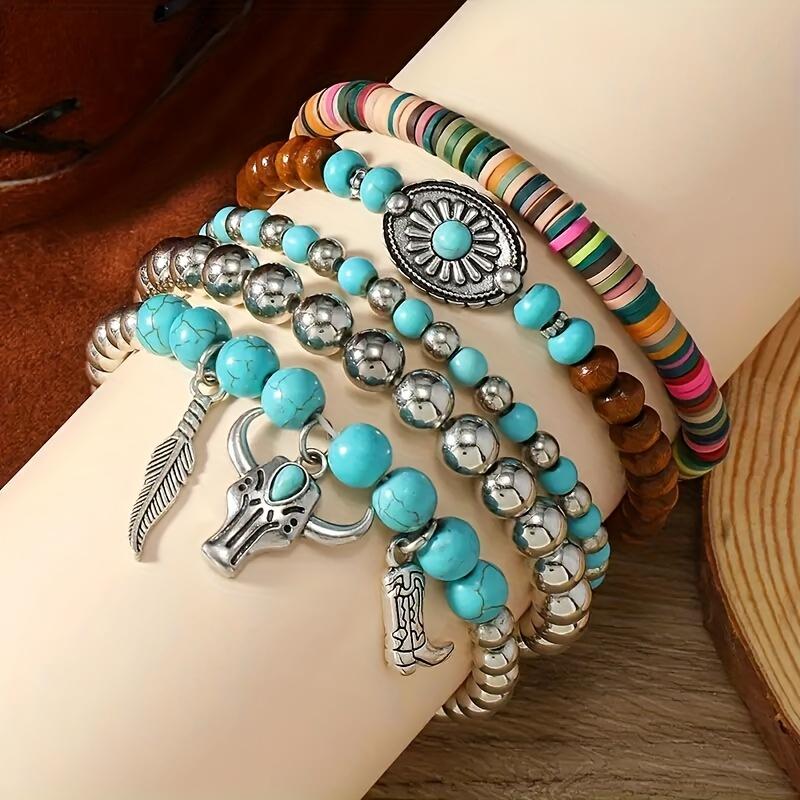 5pcs Elegant Beaded Stretch Bracelet For Women With Turquoise Stone Handmade Beaded Bracelet Retro Pendant Chain Set Charms - Boho Chic Multiple Color Elastic Bead Stackable Bracelets For Daily Wear Fashion Jewelry Set