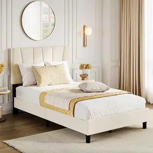 Twin Size Bed Frame with Headboard Adjustable, Modern Velvet Upholstered Twin Platform Bed Frame with Wooden Slat Support, No Box Spring Needed, Beige