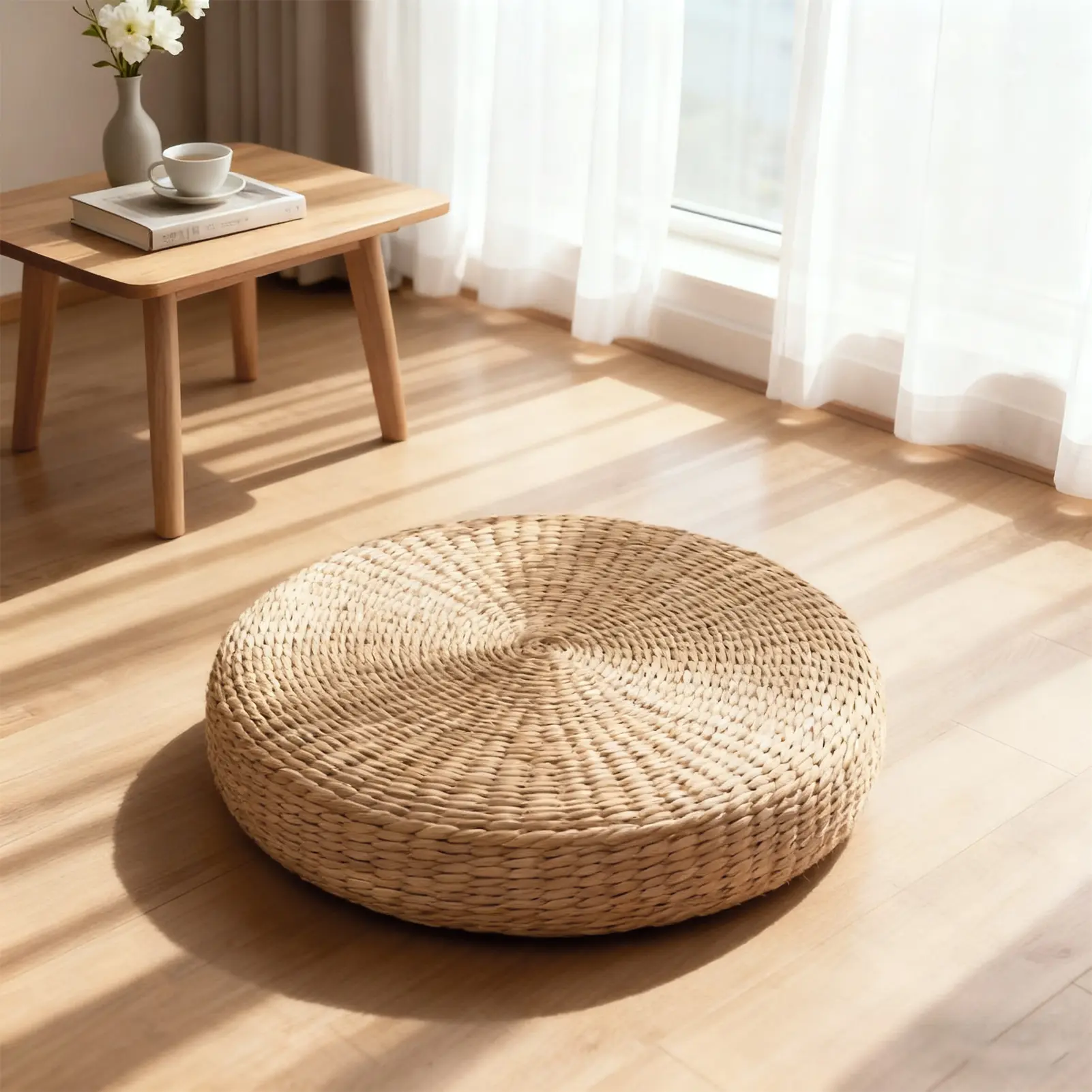  49cm Handcrafted Eco-Friendly Breathable Padded Knitted Straw Flat Seat Cushion, Hand Woven Tatami Cushion Best for Zen, Yoga Practice or Buddha Meditation, Vintage, Braided Weave, Round Shape