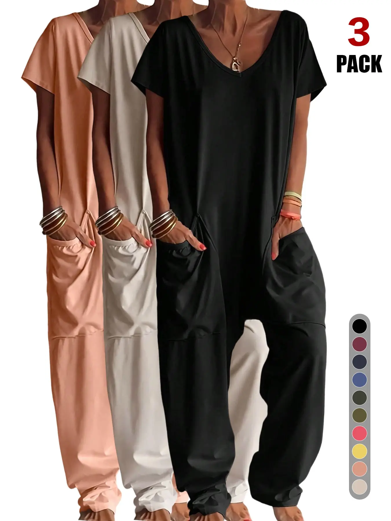 3pcs European Minimal Ultra-Soft Sleep Overall, Deep V Neck, Oversized Batwing Tee Style, Basic, Big Pockets, Casual Jumpsuit for All Seasons，loungewear set, Low Neckline Jumpsuits