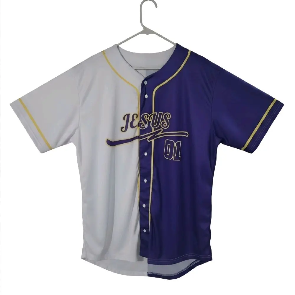 Unisex Short-Sleeve Baseball Jersey, Machine-Washable, Purple and White design with yellow highlight