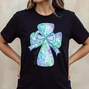 Casual Cotton Short Sleeve Round Neck Summer T Shirt with Vibrant Cross and Bow Design He Is Risen Printed Graphic Tee Machine Washable Ideal for Women Seasonal Casual Tee
