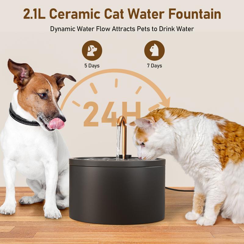 D02 Ultra Quiet 2.1L Ceramic Cat Fountain with Auto Water Dispenser for Cats Dogs & Small Pets White Black Automatic Feeder Advanced Filtration System & 360° Water Circulation|Wired plug-in model