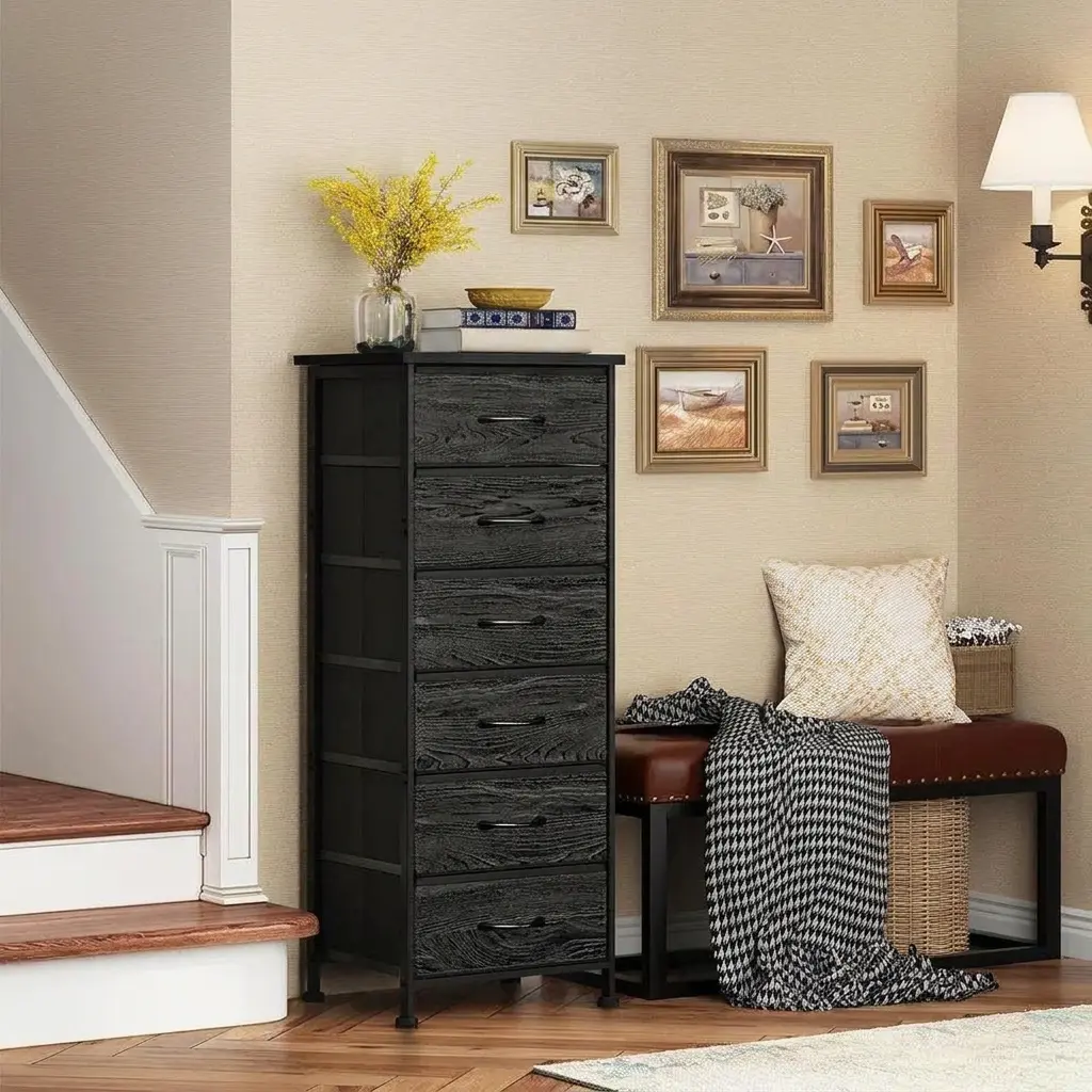 6-Drawer Tall Fabric Bin Dresser with Wood Top & Metal Frame - Space-Saving Clothing Storage Cabinet, Anti-Tip Safety Design Organizer Unit, Easy Setup for Bedroom Closet Nightstand-Style Storage Tower, Clothing Storage Cabinets
