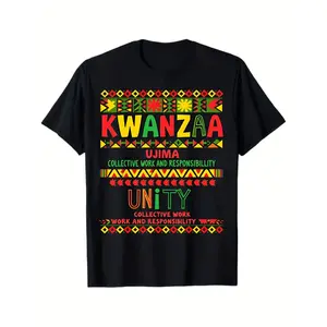 Men's & Women's Kwanzaa Umoja Unity T-Shirt - African Swahili Seven Principles (Unity, Self-Determination, Cooperative Economics) - Red Yellow Green Black Pan-African Print - Retro Streetwear Unisex Couple Shirts Suitable for Kwanzaa & Pan-African