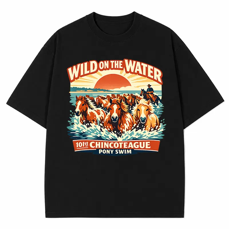101st Chincoteague Pony Swim – Majestic Wild Ponies "Wild on the Water" Graphic T-Shirt, Iconic Island Tradition Tee