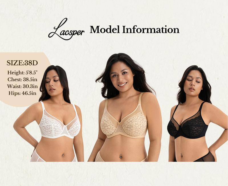 Lacsper Daisy minimizer Bra Floral Lace Unlined Comfort Non-Padded Full Coverage Plus Size Underwire with Supportive Under Band Comfortable Fit