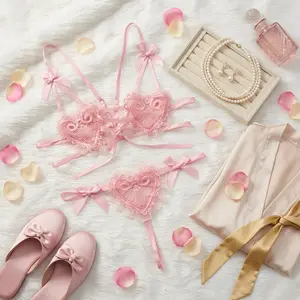 Woman's  Lace-Adorned Pink Lingerie Set with Transparent Fabric & 3D Embroidery Patterns for a Romantic Atmosphere Cute Elegant（Currently, only L code remains.）