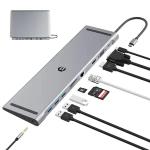 Amazon-branded 10-in-1 dual monitor docking station featuring 4K HDMI, VGA, 3 USB 3.0 ports, 100W PD power delivery, Ethernet, SD/TF card slot, and audio/microphone jacks. USB adapter for laptops.