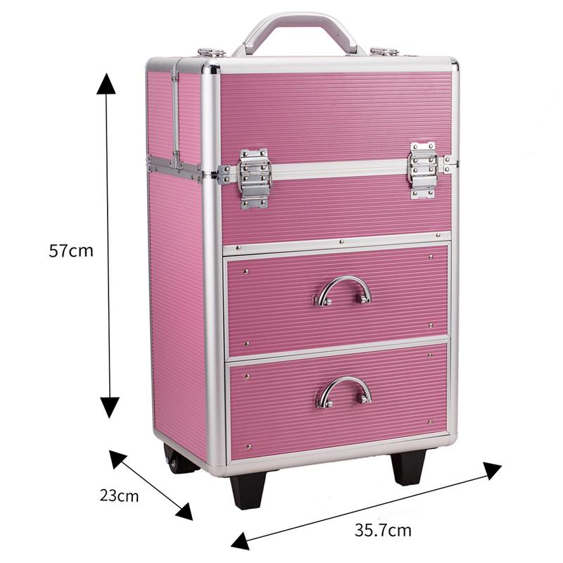 4 Tier Lockable Cosmetic Makeup Train Case with Extendable Trays Pink Aluminum Frame Travel Companion Secure Storage Stackable 6 Drawers Adjustable Handle