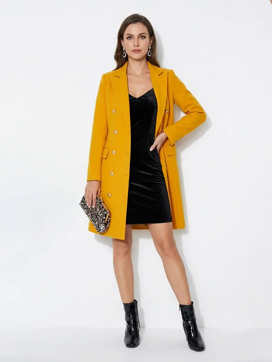 IDEALSANXUN Women's Vintage Double-Breasted Thick Wool Peacoat Jacket - Long Sleeve, Casual Slim Fit, Solid Midi Trench Coat, Side Pocket Fall Winter Outerwear, Standard American Sizes, Knee-Length
