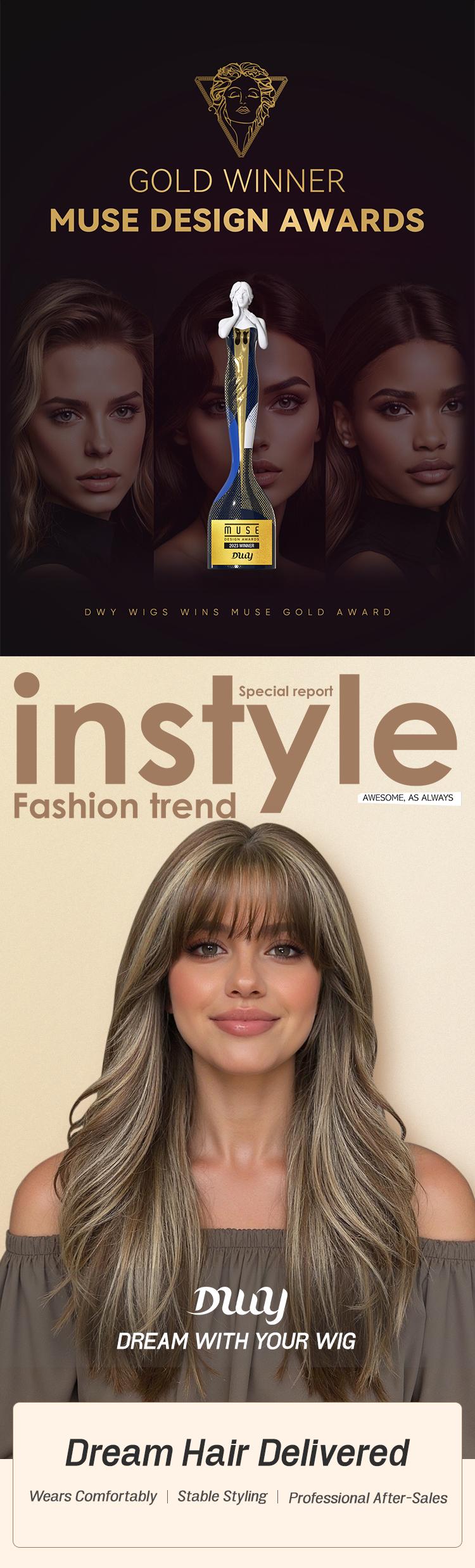 Kimi C-DWY New Technology! Bionic Silk Top 22-Inch Long Wave Light Brown Glueless Synthetic Wig with Bangs for Women High-Quality Premium Fiber Easy Wear Comfortable Fit