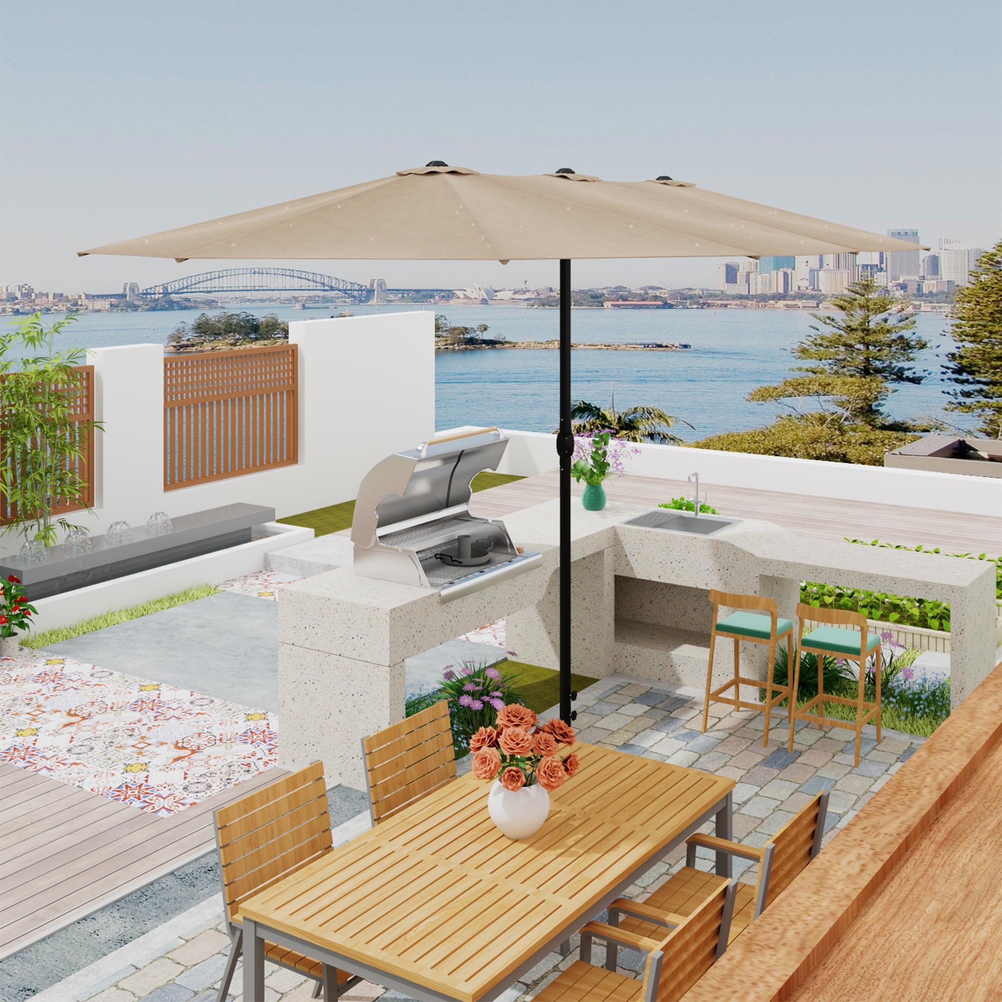 FUFU&GAGA 15ft Large Solar Umbrella Outdoor Patio Yard Umbrella Double-Sided Rectangle Market 36 LED Lights Patio Umbrella with 12 Sturdy Ribs