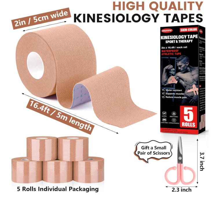 5 Rolls Kinesiology Tape, 2 inch x 16.4 Feet Waterproof Athletic Tape, Uncut Kinetic Tape, Muscle Tape, Sports Tape, Knee Tape for Exercise and Daily Use - Skin Color