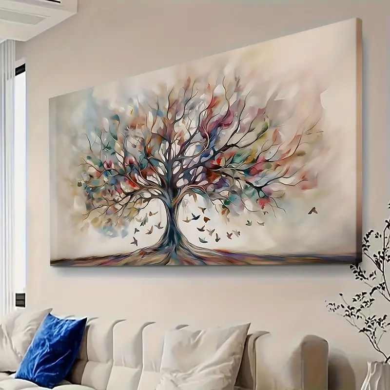 Vintage Colorful Abstract Tree of Life Canvas Wall Art Print - Wood-Framed Geometric Love Theme Decoration, 1-Piece Reusable Artwork, Ready-to-Hang Home Decor for Wall, Living Room Gift for Christmas, Tree Design