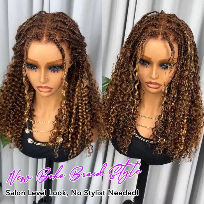 Pizazz Hair Boho Braided Wigs 4/27 Highlight Color Boho Braided Curly Human Hair Wigs 13x6 Glueless Pre Cut HD Lace Wig with Drawstring