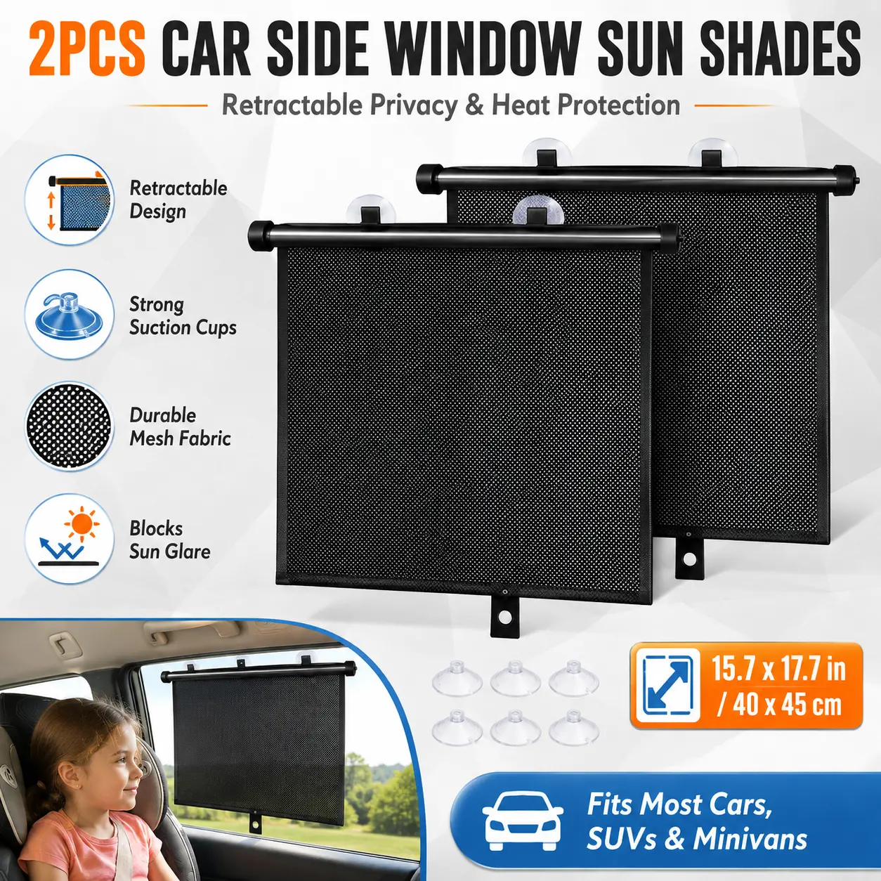 2pcs Car Side Window Sunshades - Car Accessory, Extendable PVC Roll-Up, Easy-to-Install, UV & Heat Protection, Universal Fit to Boost Driving Comfort, Car Window Shades