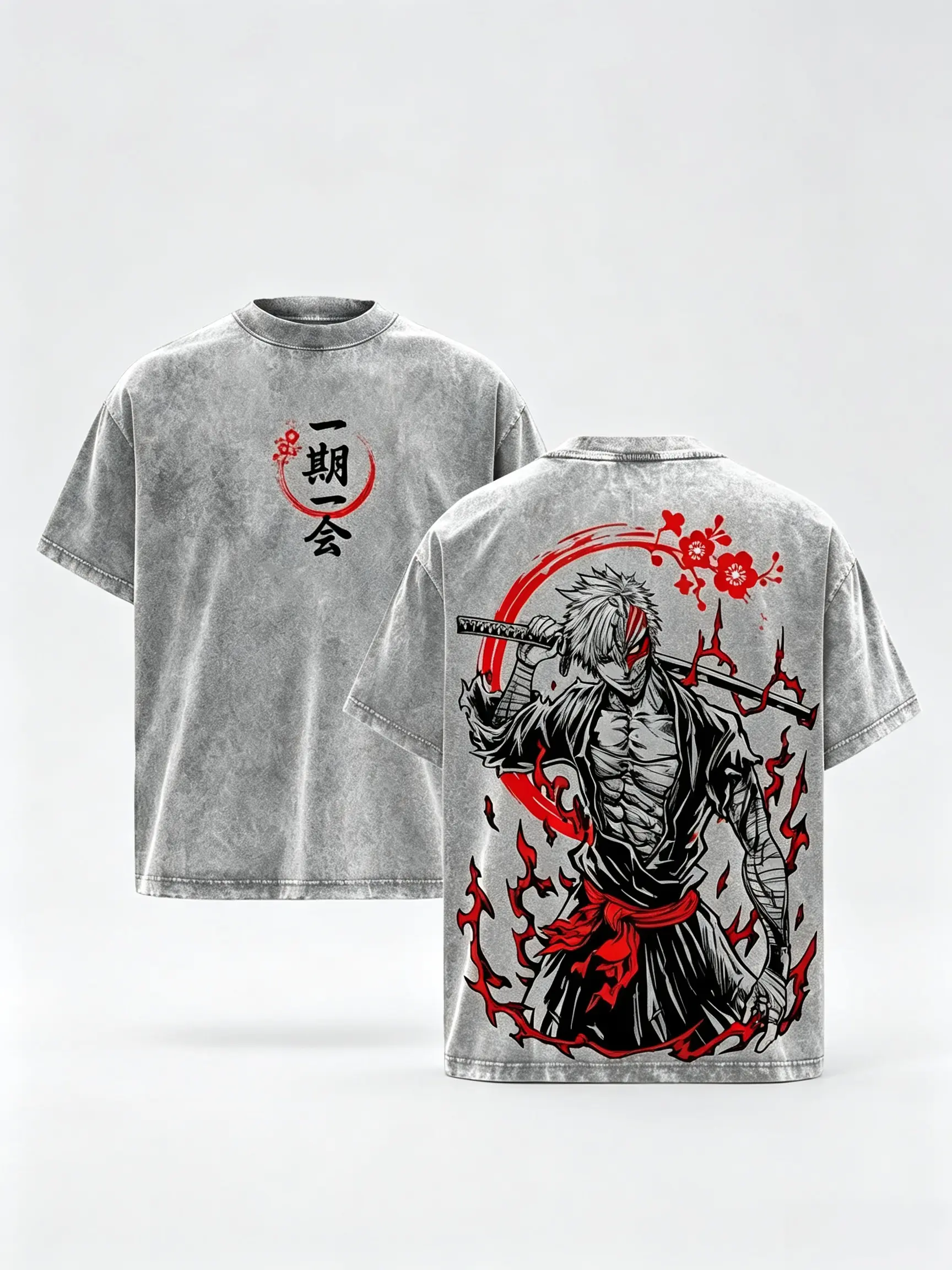 Bleach Ichigo Kurosaki Anime Tee, Soul Reaper Power Graphic   Tee  Graphic Tee Men's Acid Wash Oversized T-Shirt | Japanese Samurai Hollow Mask Streetwear | Heavyweight Cotton Gym 90s graphic good tees Casual American Short Sleeve T-sh slim-fitting top f