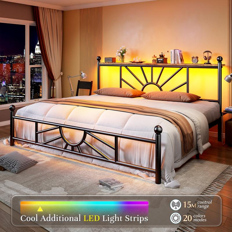 [RaybeeBrandyDay] King Queen Full Metal Bed Frame with Headboard & LED, NO MATTRESS, Queen Size Bed Frame with Storage Space & Strong Metal Slats, Iron Bed Frame, Noise-Free, Easy Assembly, Modern Bedroom Furniture, Black[BlackFridayCyberMonday]